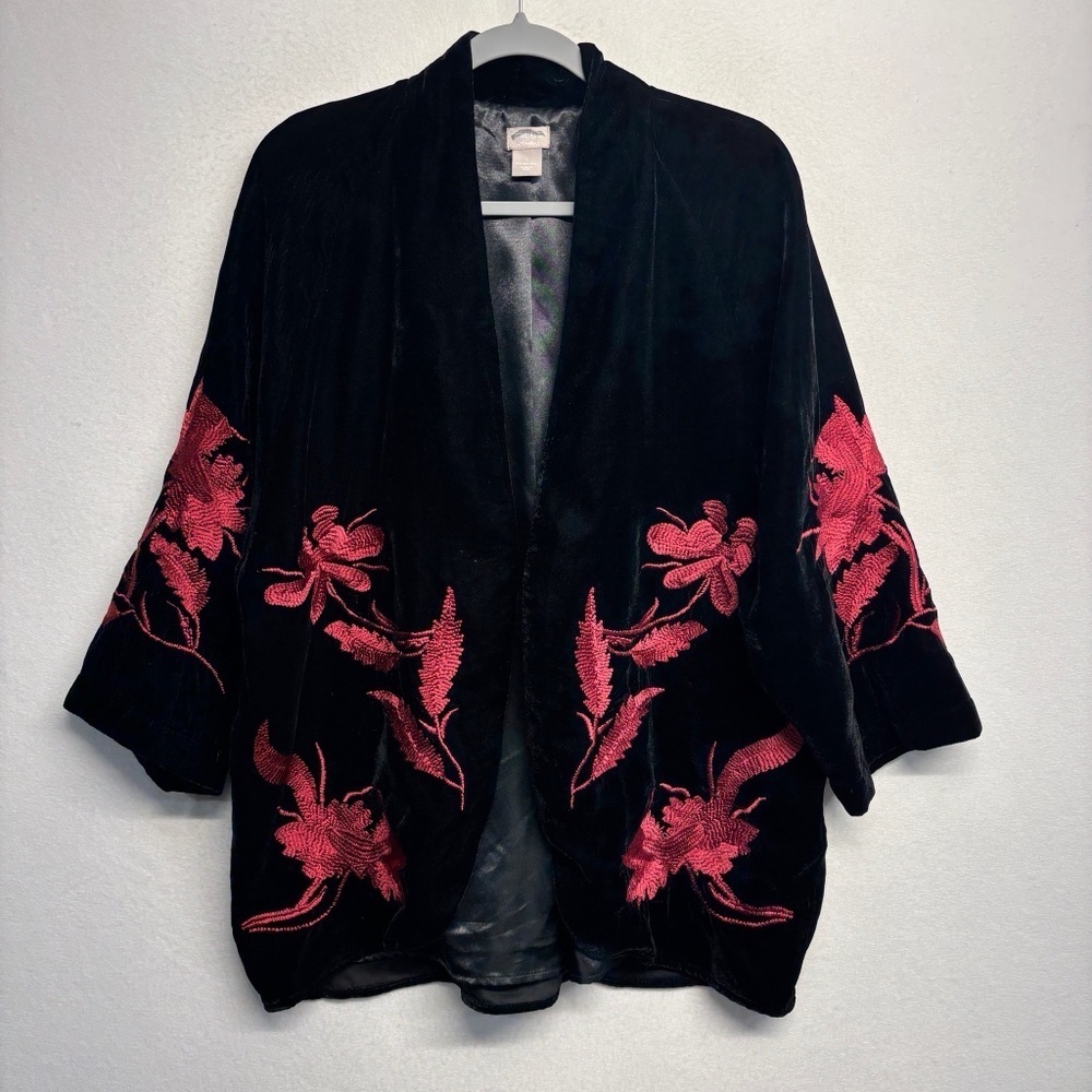 Chico's Travelers Embroidered Velvet Kimono Jacket Cardigan 1/S Tunic 3/4 Sleeve